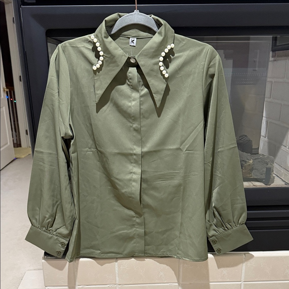 Olive Green Button-Up Blouse with Pearl Accents